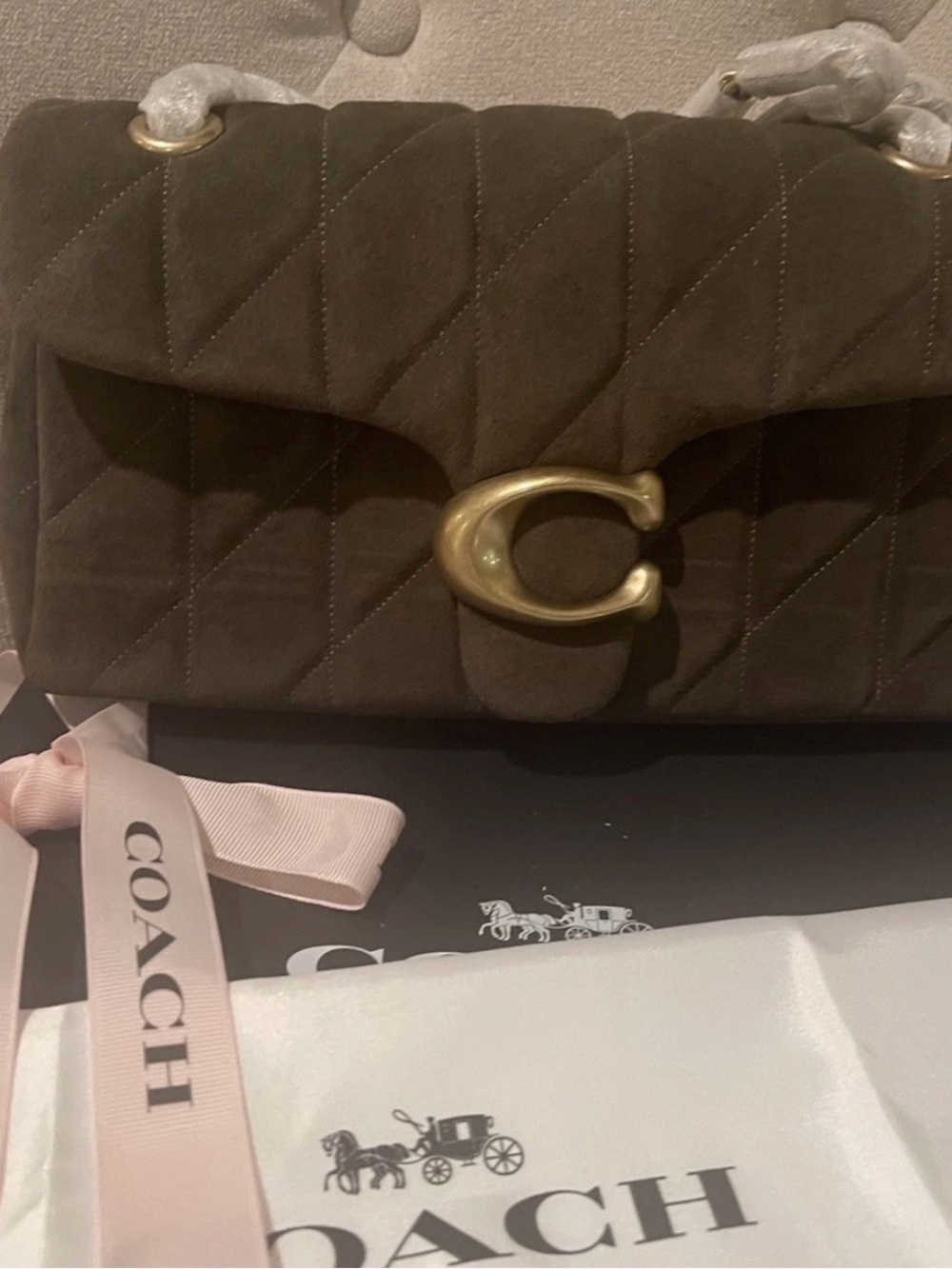 Coach Quilted Suede Olive/Brass Tabby 26 Shoulder/CrossbodyBag NWT Gift boxed